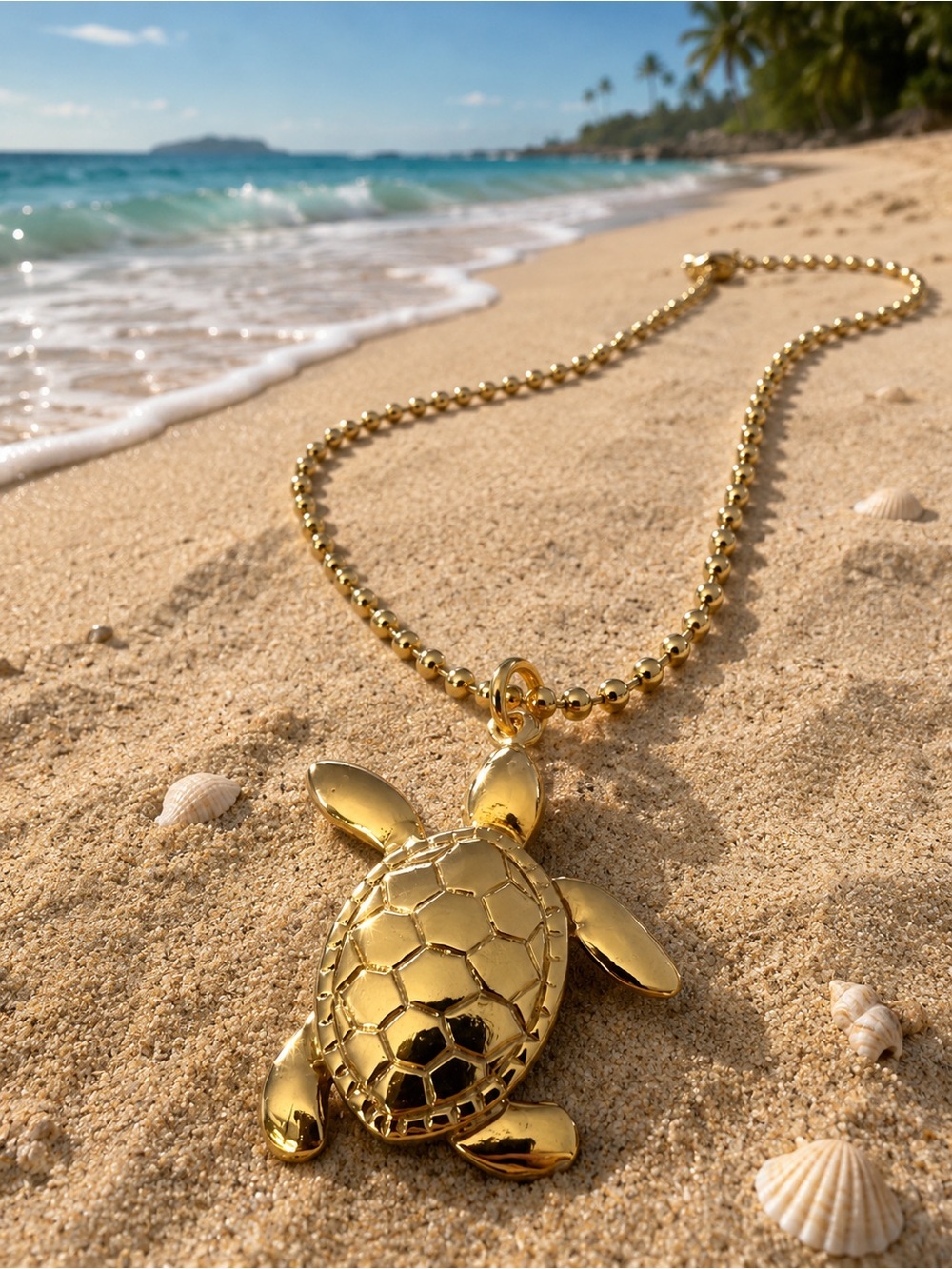 Gold big Turtle Pendant Necklace - Shiny Sea Turtle Charm